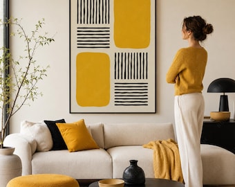 Abstracte print gouden ritme, mosterdgele muurkunst, moderne afdrukbare poster