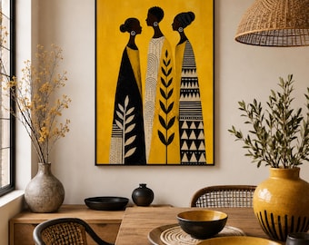 Muurdecoratie met Afrikaanse vrouwen, printbare poster in mosterdgeel, Afro-tribale boho-decoratie