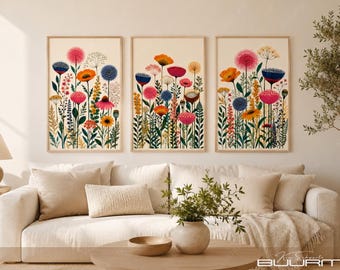 Set of 3 Boho Decor Wildflower Garden Botanical Prints, Minimal Colorful Floral Wall Art