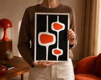 Printbare muurdecoratie in mid-century modern stijl, abstracte poster in zwart-oranje, retro geometrische digitale download.