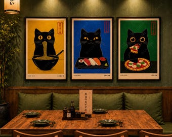 Set van 3 Kuro Neko Japanse zwarte kat, Ramen Sushi Pizza muurdecoratie