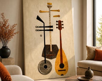 Gitaar muurdecoratie, abstracte vintage muziekkamerdecoratie uit het midden van de vorige eeuw.
