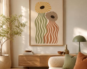 Printbare muurdecoratie met botanische vormen in zonlicht, retro abstracte poster, saliegroene terracotta decoratie