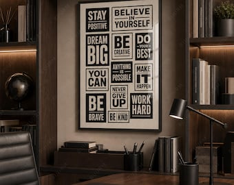 Motiverende typografie, printbare muurdecoratie, opvallende kantoorposter, zwart-wit citaat over mindset
