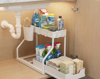 Under Sink Organiser, Pull Out Cabinet Rack, 2 Tier Storage Shelf, Space Saving Kitchen Bathroom Cabinet Organisation