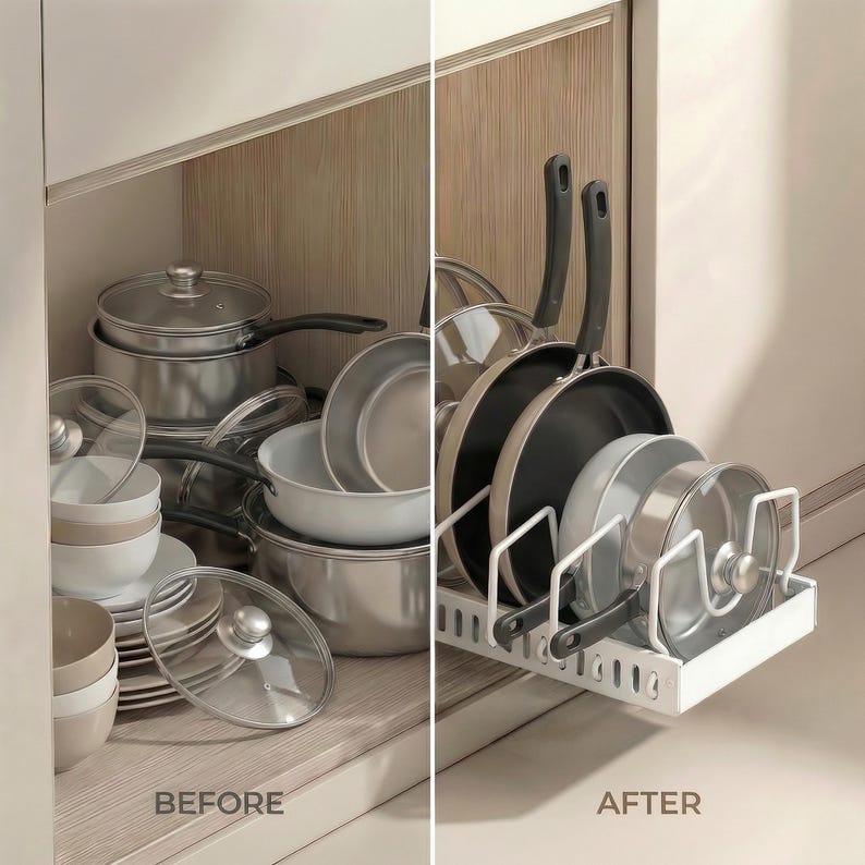 Pull Out Cabinet Organizer for Pots and Pans, No Drill Adjustable Pan ...