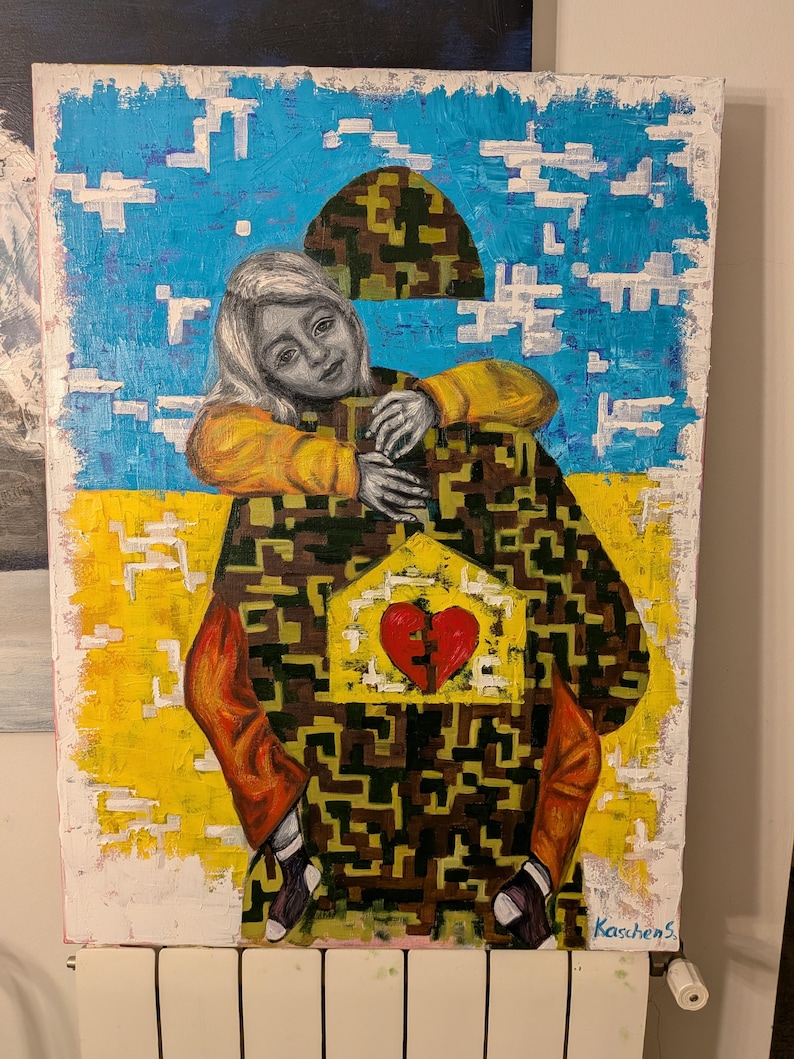 May include: An original painting featuring a person with blonde hair, wearing a yellow shirt, embracing a figure with a camouflage pattern. The painting includes a broken heart and a yellow and blue background.