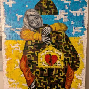 May include: An abstract painting featuring a person embracing a camouflage-patterned form with a broken heart. The background has a blue sky with white cloud-like shapes and a yellow and white base. The artist's signature is in the bottom right corner.