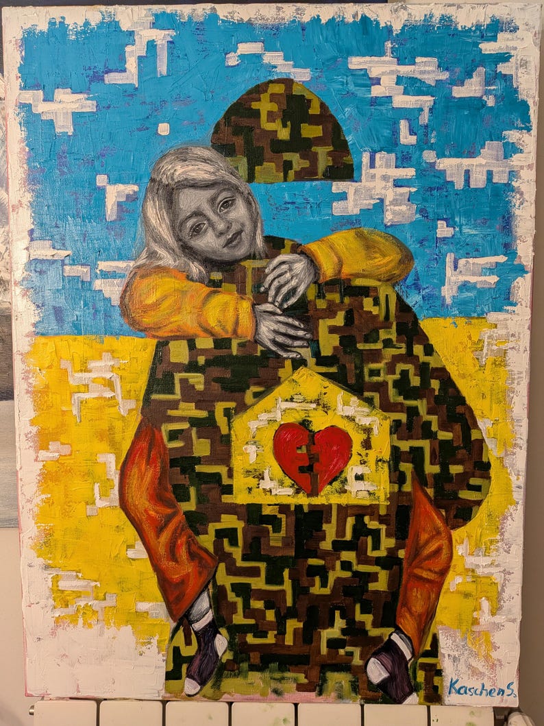 May include: An abstract painting featuring a person embracing a camouflage-patterned form with a broken heart. The background has a blue sky with white cloud-like shapes and a yellow and white base. The artist's signature is in the bottom right corner.