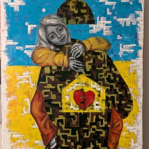 May include: An original painting featuring a child embracing a figure with a camouflage pattern. The artwork has a blue sky background with white clouds and a yellow and white base. A red heart is in the center. The artist's signature is in the bottom right corner.