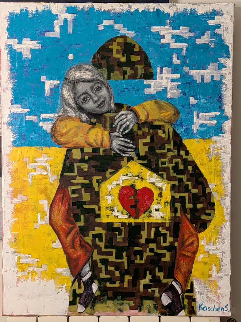 May include: An original painting featuring a child embracing a figure with a camouflage pattern. The artwork has a blue sky background with white clouds and a yellow and white base. A red heart is in the center. The artist's signature is in the bottom right corner.