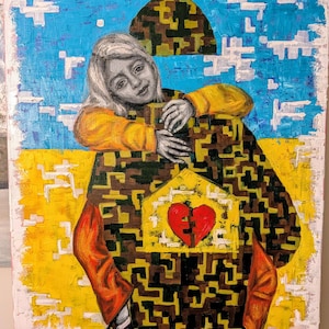 May include: An abstract painting featuring a person embracing a structure with a broken heart. The person wears a yellow shirt and the structure is brown and yellow. The background is blue with white cloud-like shapes.