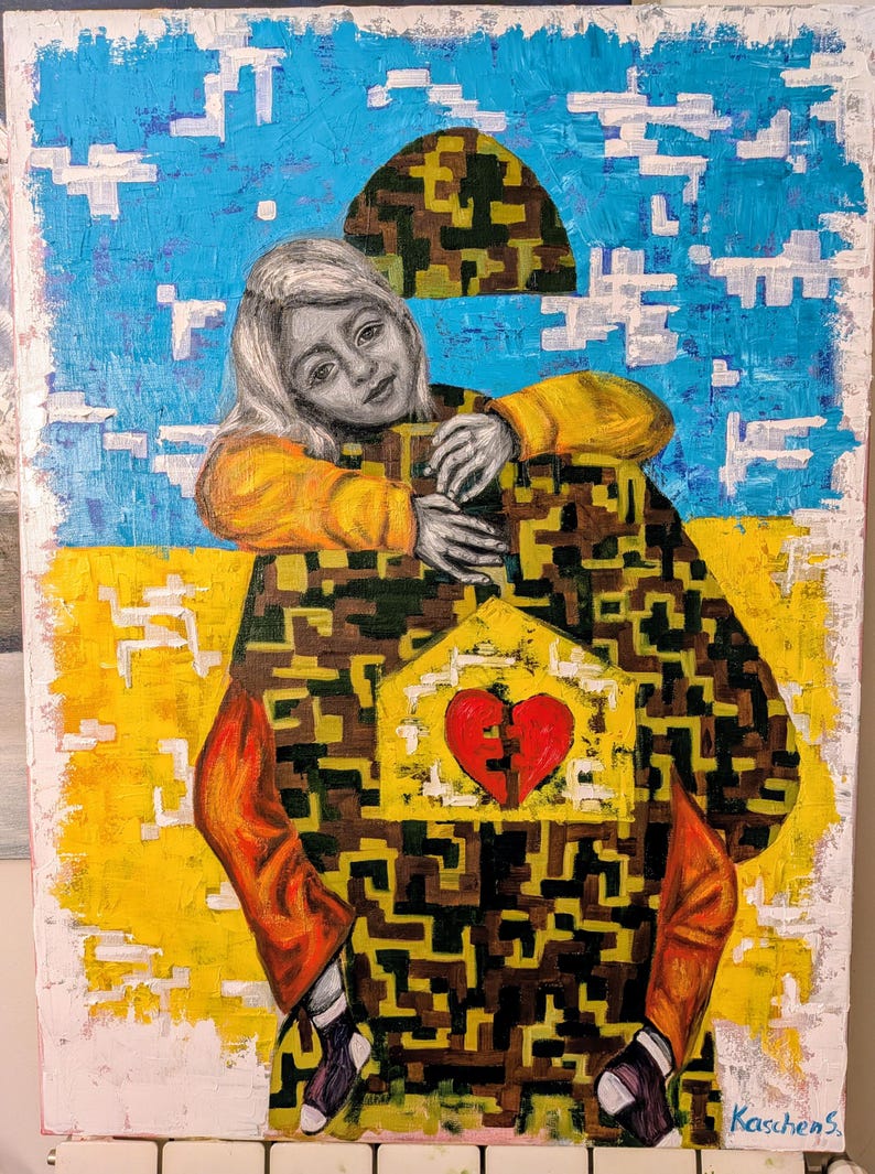 May include: An abstract painting featuring a person embracing a structure with a broken heart. The person wears a yellow shirt and the structure is brown and yellow. The background is blue with white cloud-like shapes.