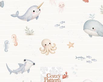 Wzór ze zwierzętami oceanicznymi, tkanina z akwarelowym narwalem i wielorybem, cyfrowe pobieranie podwodnego świata