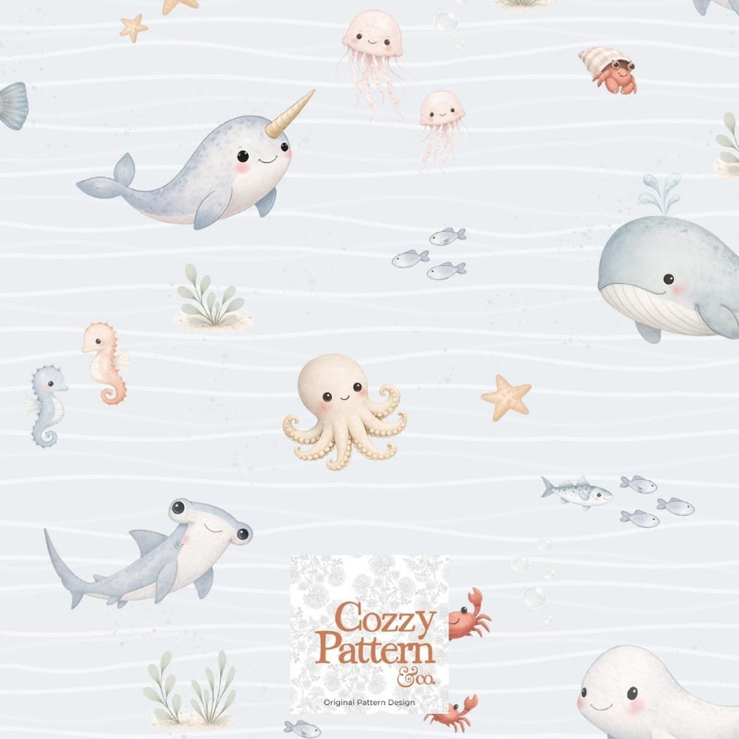 Ocean Animals Seamless Pattern, Watercolor Narwhal Whale Fabric, Under ...