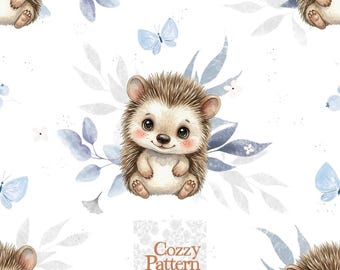 Wzór jeża bez szwu P9c – leśny przedszkole, akwarela, wzór małego zwierzątka, niebieski