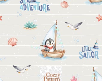 Wzór bezszwowego pingwina marynarza P11E – marynistyczny, akwarelowy wzór oceanu w pokoju dziecięcym