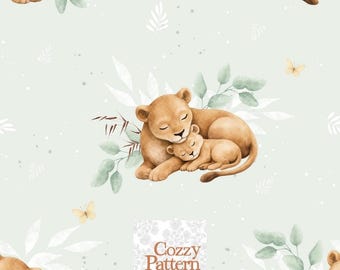 Wzór bezszwowego lwicy, akwarelowy wzór lwicy, cyfrowe pobieranie śpiących lwów