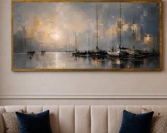 Tranquil Harbor Scene, Sunset Sailboats Wall Art, Seaside Reflection Painting, Serene painting, handmade, embroidery, framed, wall art