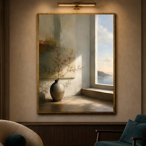 Vista interior tranquila, jarrón con ramas, luz suave y sombra, arte de pared, pintura de ventana junto al mar, bordado hecho a mano, enmarcado, arte de pared