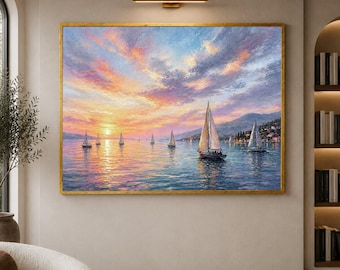 Sunset Sailing Scene, Ocean View Wall Art, Serene Harbor Landscape, Seaside Evening Decor, painting, handmade, embroidery, framed, wall art