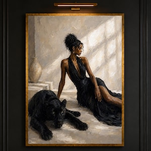 Mujer elegante con vestido negro y pantera, arte mural figurativo moderno, pintura sofisticada para el hogar, hecha a mano, bordada, enmarcada, arte de pared