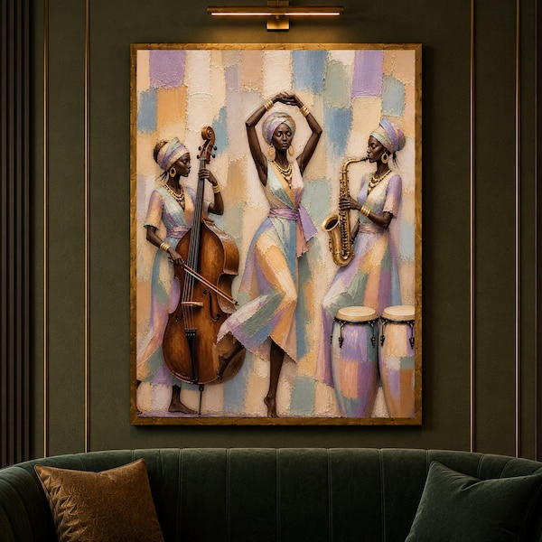 Elegant African Jazz Trio, Musical Instruments Art, Ethnic Dance and Music Wall Decoration, painting, handmade, embroidery, framed, wall art