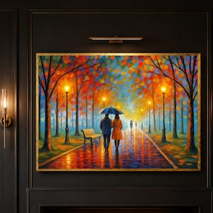 ロマンチックな秋の夕べの散歩、傘をさしたカップルの壁画、色鮮やかな並木道、絵画、手作り、刺繍、額装、壁画