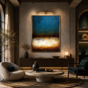 Abstrakt landskapskonst, blåbrun toning väggdekor, modern texturerad effekt, atmosfärisk målning, handgjord, broderi, inramad, väggkonst