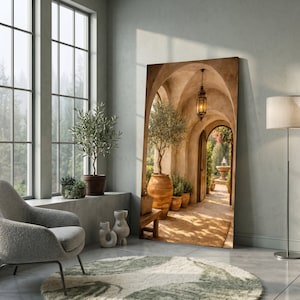 Mediterranean Rustic Archway Scene, Olive Tree Decor, Open Door with Garden Fountain, Warm painting, handmade, embroidery, framed, wall art image 9