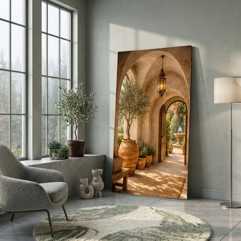 Mediterranean Rustic Archway Scene, Olive Tree Decor, Open Door with Garden Fountain, Warm painting, handmade, embroidery, framed, wall art image 9