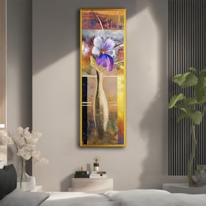 Elegancki fioletowy kwiat irysa, nowoczesne dzieło sztuki w wazonie, teksturalna dekoracja ścienna z motywem kwiatowym, abstrakcyjny obraz, ręcznie robiony, haft, oprawiony, sztuka ścienna
