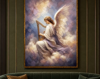 Serene Angel Playing Harp, Heavenly Wings Wall Art, Ethereal Clouds Scene, Spiritual Home painting, handmade, embroidery, framed, wall art