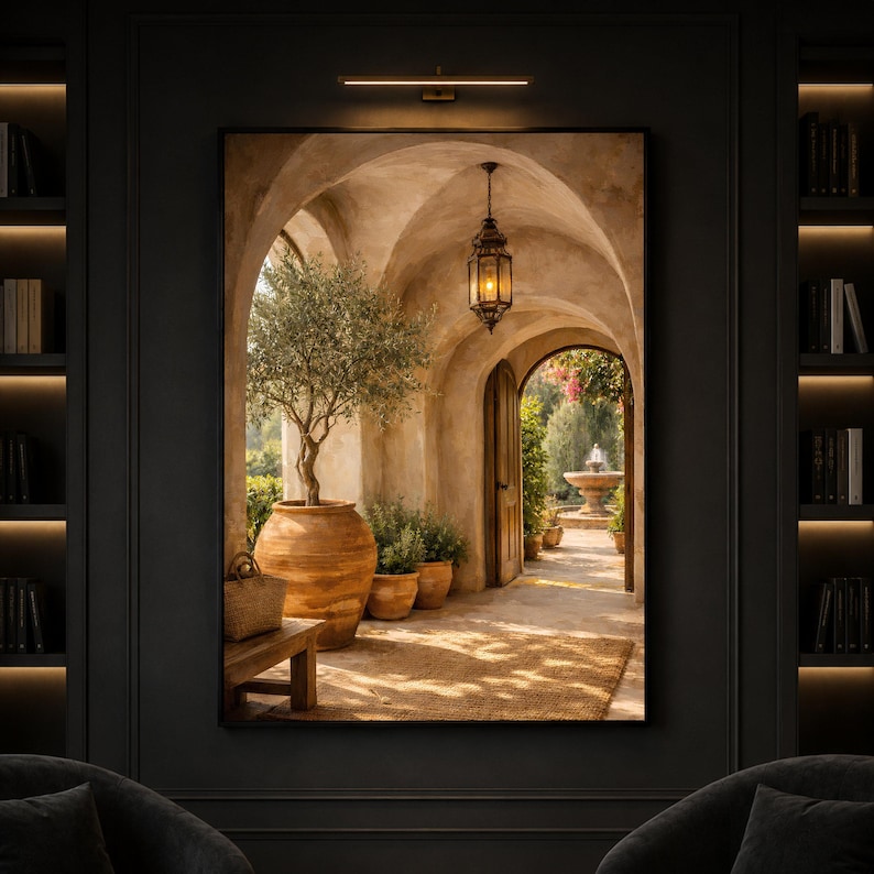 Mediterranean Rustic Archway Scene, Olive Tree Decor, Open Door with Garden Fountain, Warm painting, handmade, embroidery, framed, wall art image 7