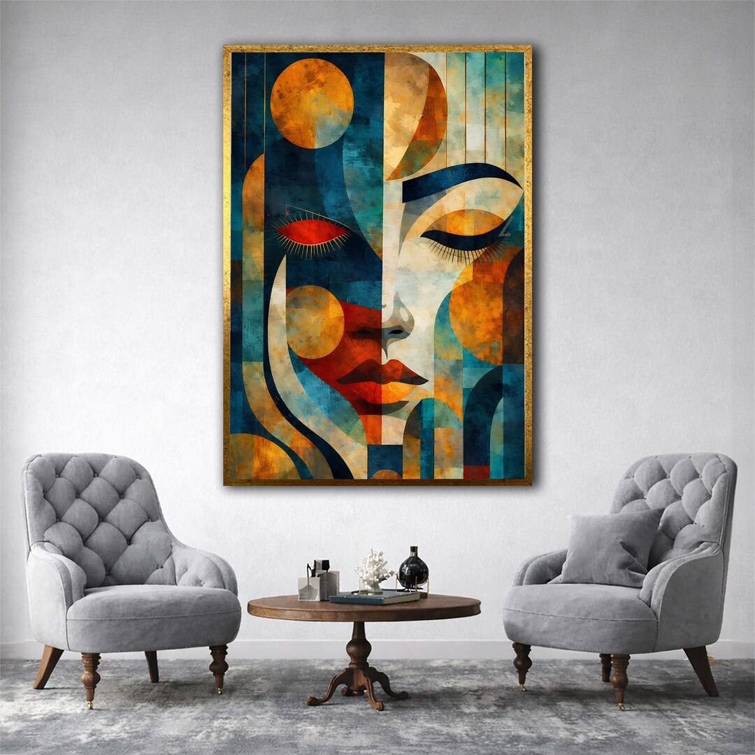 Abstract Woman Face Wall Art, Modern Geometric Portrait, Colorful ...