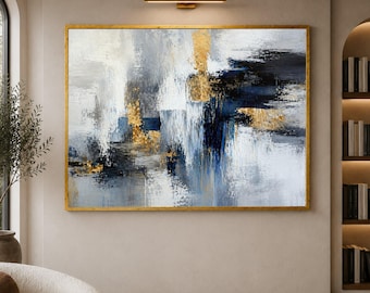 Modern Abstract Art with Gold Accents, Blue and Gray Texture Design, Elegant Wall painting, handmade, embroidery, framed, wall art