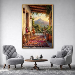 Patio rústico con vistas a la montaña, alfombra bohemia colorida, arte mural con escena mediterránea al aire libre, pintura cálida, bordado hecho a mano, enmarcado, arte mural