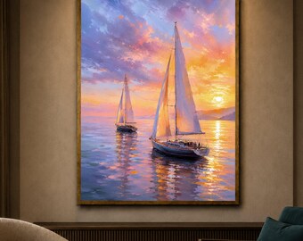 Sunset Sailing Scene, Seaside Yacht Artwork, Nautical Wall Decor, Serene Ocean View, painting, handmade, embroidery, framed, wall art