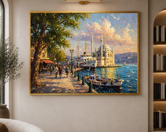 Istanbul Waterfront Scene, Bosphorus View Wall Art, Seaside Promenade Painting, Historic painting, handmade, embroidery, framed, wall art