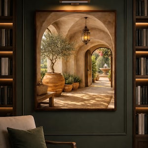 Mediterranean Rustic Archway Scene, Olive Tree Decor, Open Door with Garden Fountain, Warm painting, handmade, embroidery, framed, wall art image 8