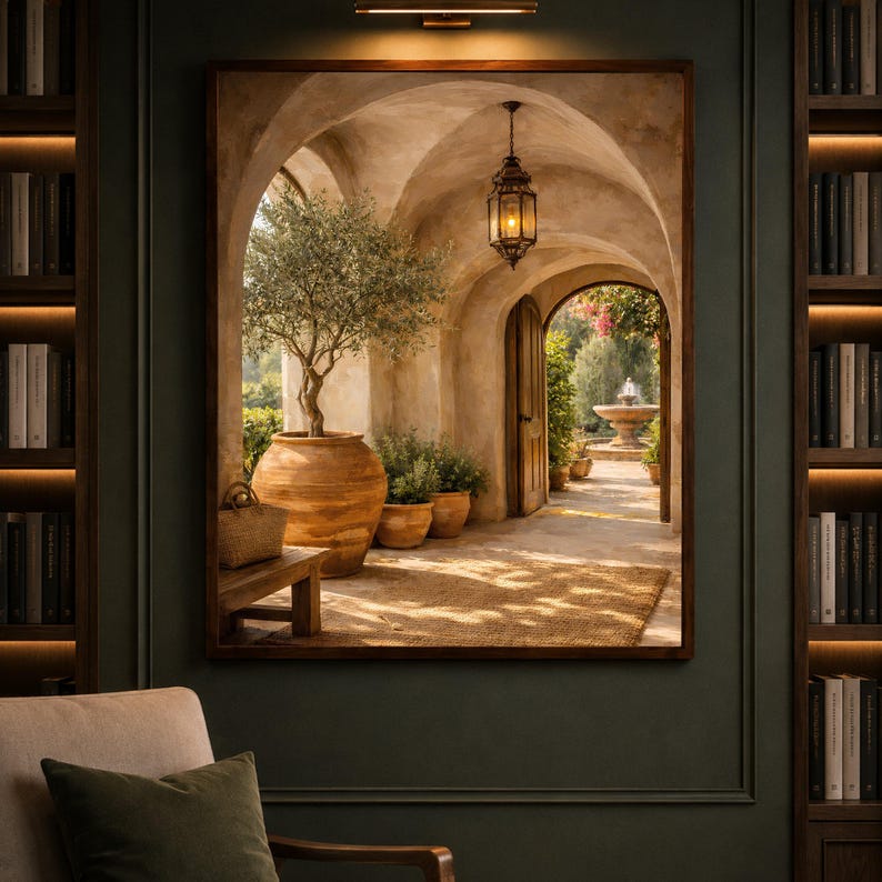 Mediterranean Rustic Archway Scene, Olive Tree Decor, Open Door with Garden Fountain, Warm painting, handmade, embroidery, framed, wall art image 8