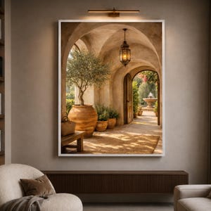 Mediterranean Rustic Archway Scene, Olive Tree Decor, Open Door with Garden Fountain, Warm painting, handmade, embroidery, framed, wall art image 5