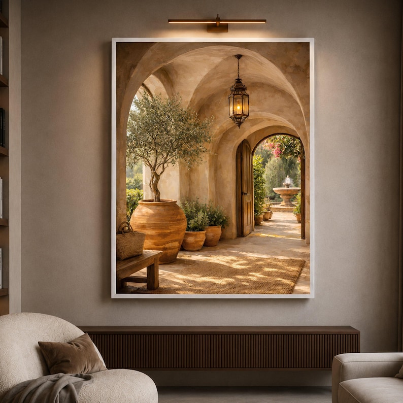 Mediterranean Rustic Archway Scene, Olive Tree Decor, Open Door with Garden Fountain, Warm painting, handmade, embroidery, framed, wall art image 5