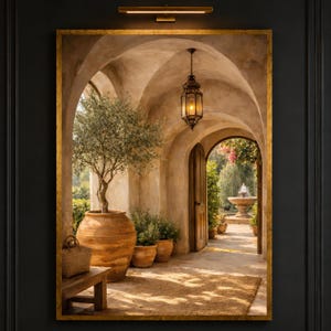 Mediterranean Rustic Archway Scene, Olive Tree Decor, Open Door with Garden Fountain, Warm painting, handmade, embroidery, framed, wall art image 4