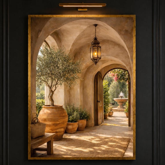 Mediterranean Rustic Archway Scene, Olive Tree Decor, Open Door with Garden Fountain, Warm painting, handmade, embroidery, framed, wall art