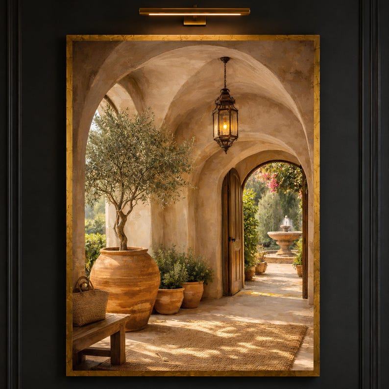 Mediterranean Rustic Archway Scene, Olive Tree Decor, Open Door with Garden Fountain, Warm painting, handmade, embroidery, framed, wall art image 4