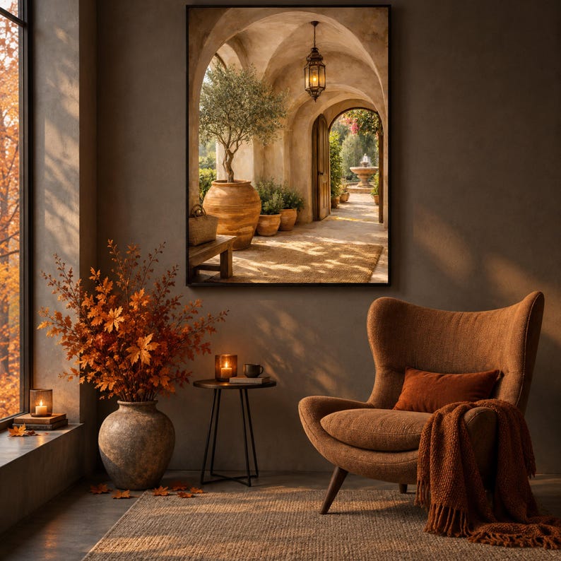 Mediterranean Rustic Archway Scene, Olive Tree Decor, Open Door with Garden Fountain, Warm painting, handmade, embroidery, framed, wall art image 1