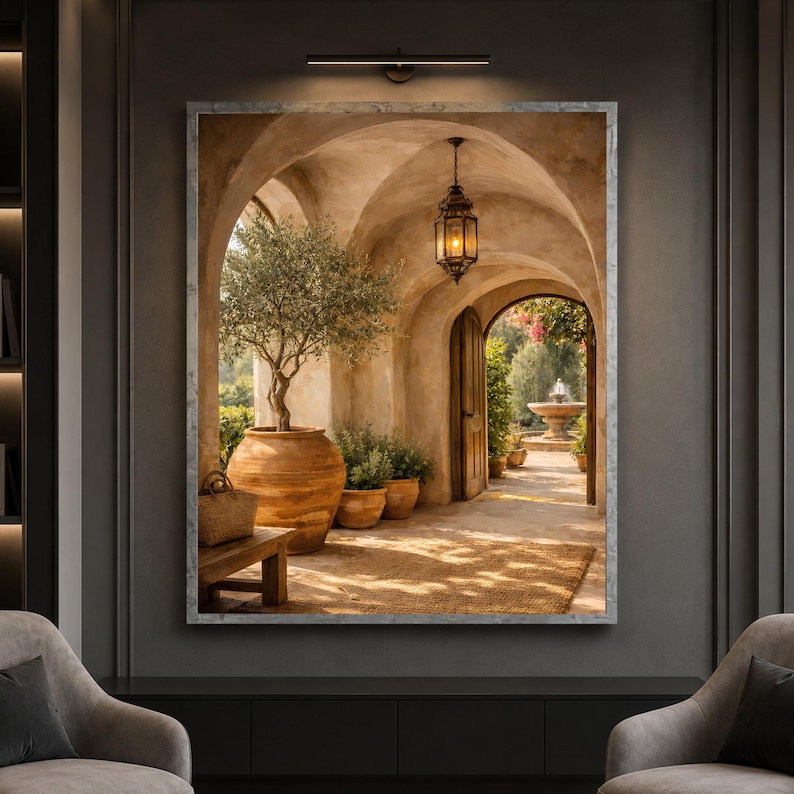 Mediterranean Rustic Archway Scene, Olive Tree Decor, Open Door with Garden Fountain, Warm painting, handmade, embroidery, framed, wall art image 6