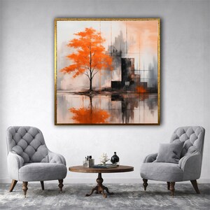 Reflejo de un vibrante naranjo, paisaje urbano abstracto, arte mural moderno, pintura contemporánea, hecho a mano, bordado, enmarcado, arte de pared