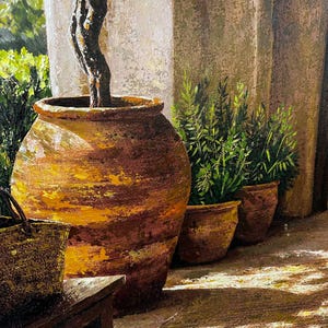 May include: An oil painting depicting a large, textured terracotta pot with a tree trunk, positioned next to two smaller clay pots containing green plants and a woven basket in the foreground, all set against a stone wall.